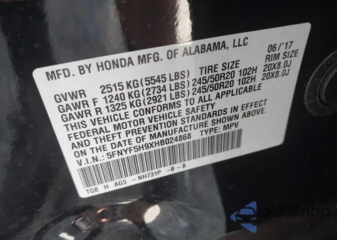 2017 Honda Pilot Touring from USA, damaged, VIN 5FNYF5H9XHB024868